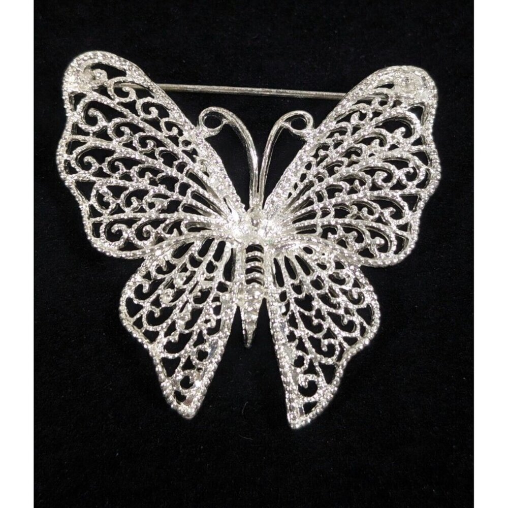 Vintage M Jent Butterfly Pin Silver Tone Open‎ Metal Work Brooch
